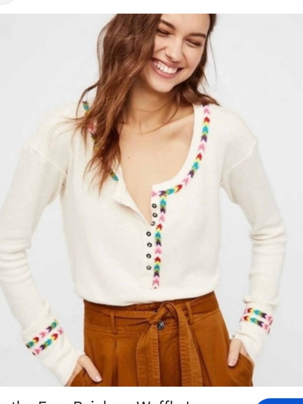 We the free L Cream Henley Top with Rainbow Trim